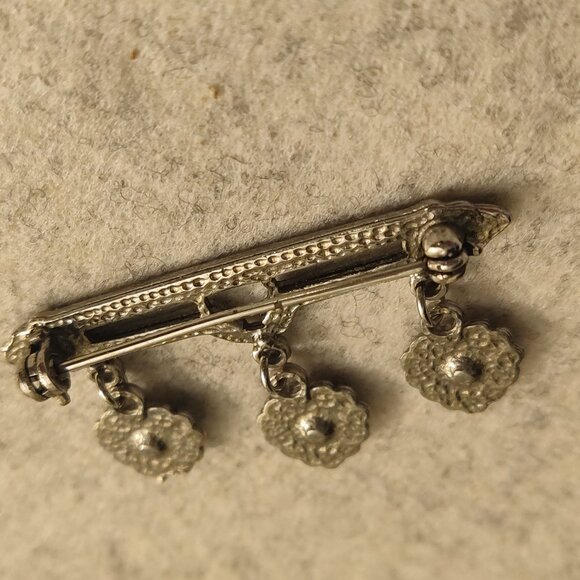 Vintage Sterling Bar Pin w/ Marcasite Hearts - Beautiful Brooch! - Picture 4 of 6